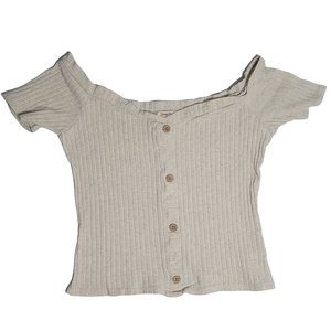 Orange Kiss Cropped Short Sleeve Button Up Beige Top Women's Size XL 909